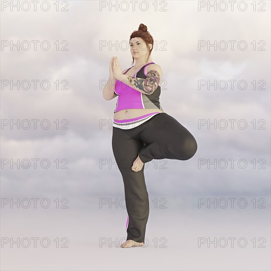 Overweight woman performing yoga in sky