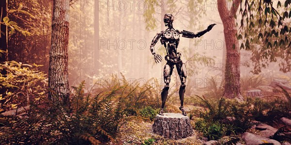 Robot standing on tree stump in forest