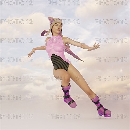 Futuristic woman wearing hovering boots in sky