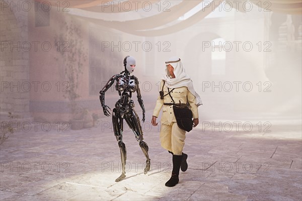 Robot woman walking with man in traditional clothing