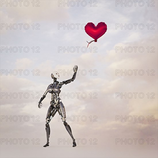 Robot woman releasing heart-shape balloon into the sky