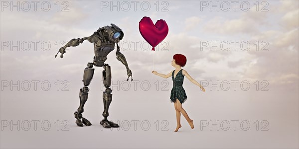 Barefoot girl giving heart-shape balloon to robot