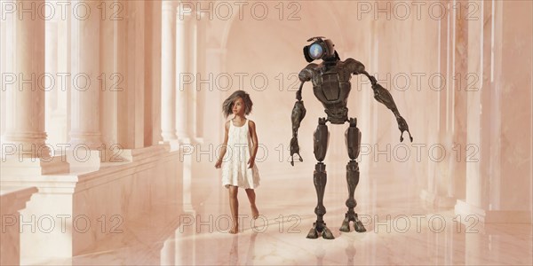 Girl walking with a robot