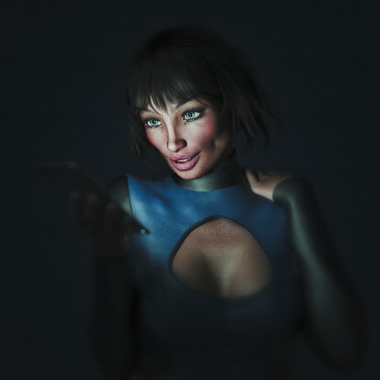 Smiling futuristic woman texting on cell phone