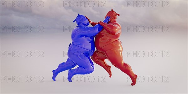 Red and blue sumo wrestlers fighting