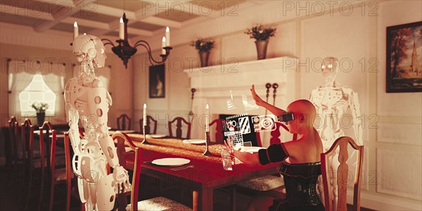 Robots watching woman at dining table wearing virtual reality goggles