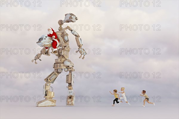 Children chasing Santa steering robot