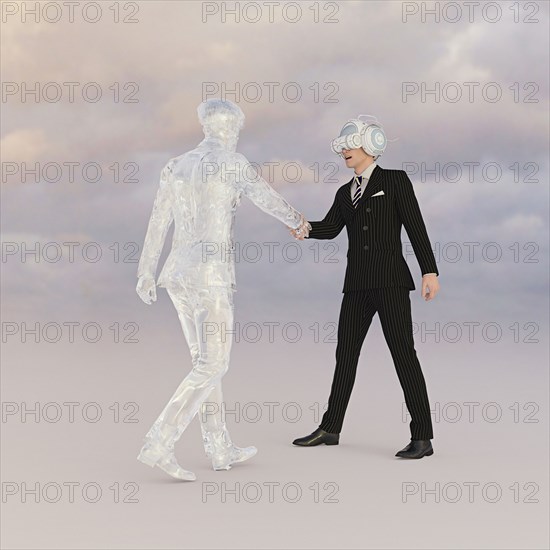 Businessman wearing virtual reality goggles shaking hands with transparent businessman
