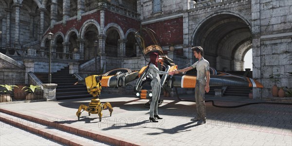 Man and woman shaking hands in futuristic city