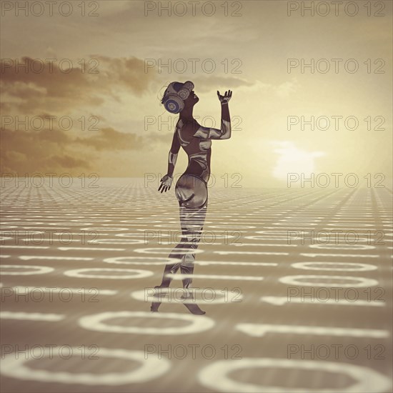 Woman standing in binary code wearing virtual reality goggles