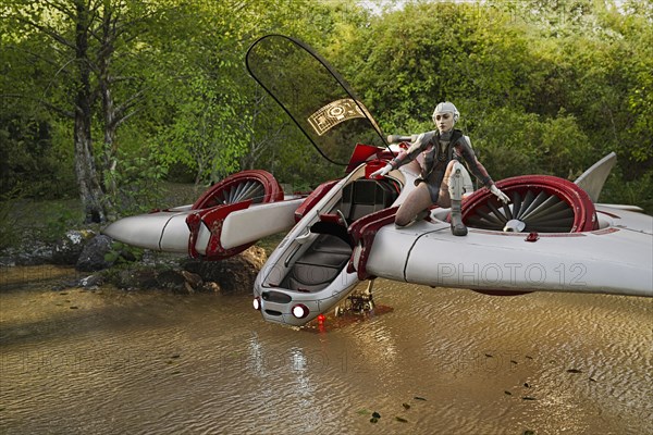 Caucasian woman standing on wing of futuristic airplane in river