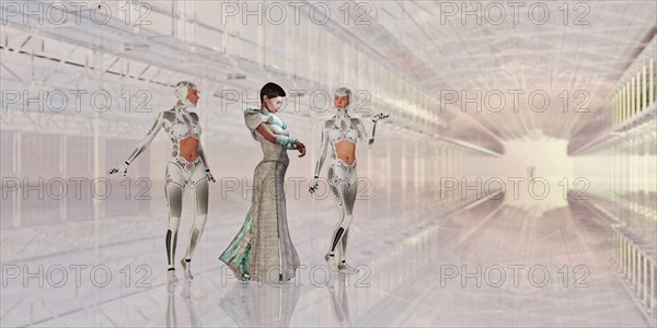 Woman and robots in futuristic corridor