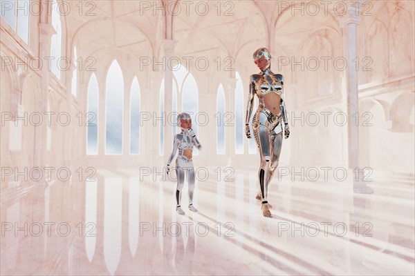Robot woman and girl walking