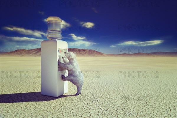 Polar bear climbing water cooler in desert