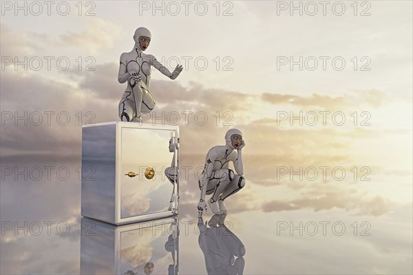 Reflection of women robots guarding safe