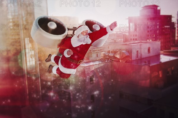 Santa flying jet pack in futuristic city
