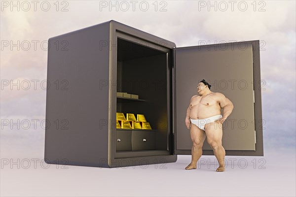 Sumo wrestler watching gold in safe