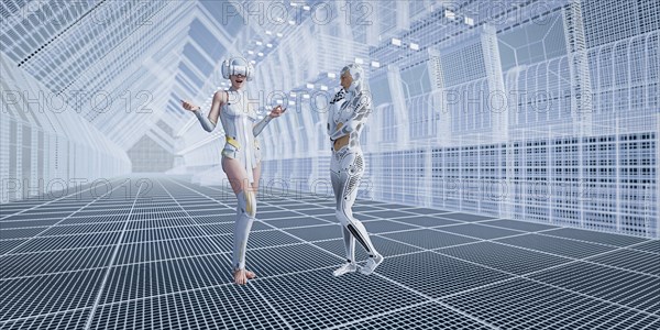 Robot with woman wearing virtual reality goggles in futuristic corridor