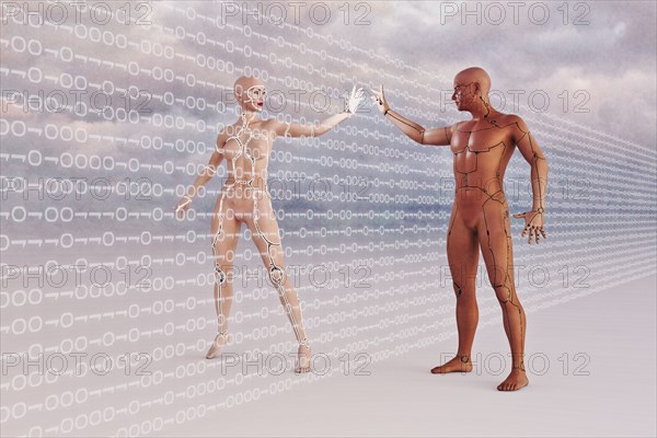 Futuristic man and woman touching through binary code