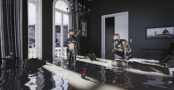 Cyborgs standing in flooded bedroom