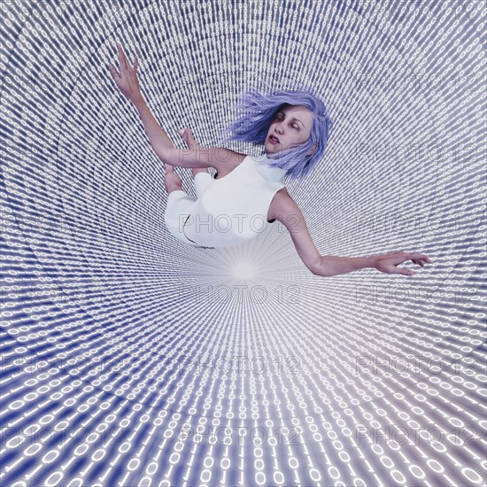 Woman floating in binary code vortex
