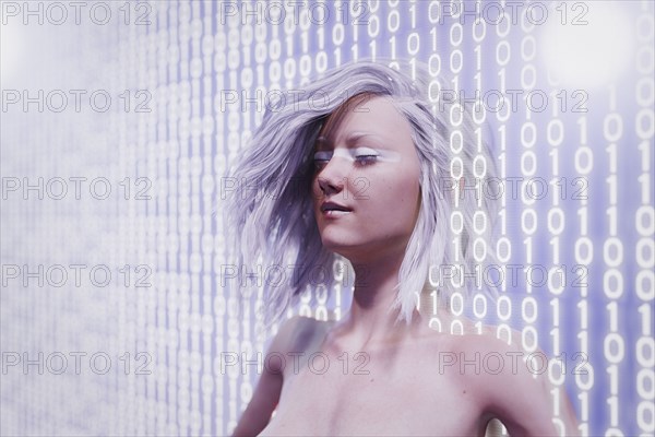 Futuristic woman standing in binary code wall