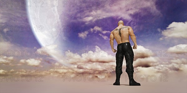 Strong man with tattoo on back standing in clouds
