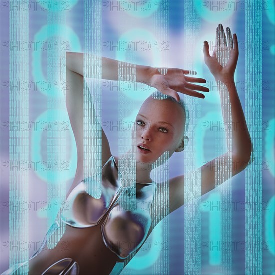 Serious futuristic woman in binary code wall