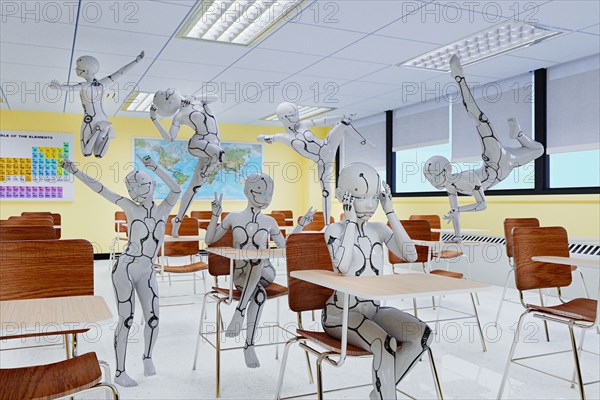 Unruly robot children in classroom