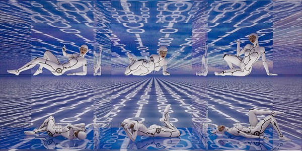 Cyborg women laying in binary code