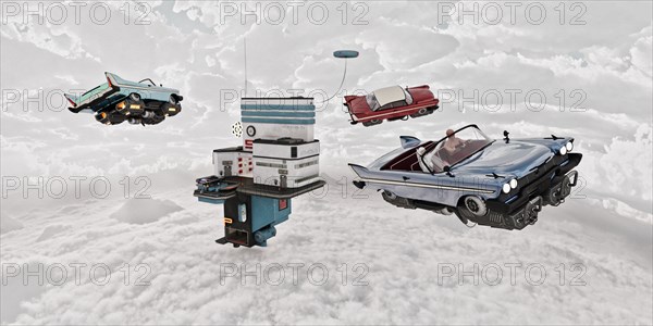 Vintage cars flying near futuristic gas station