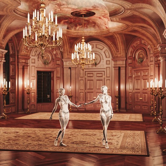 Futuristic robot women standing in ballroom