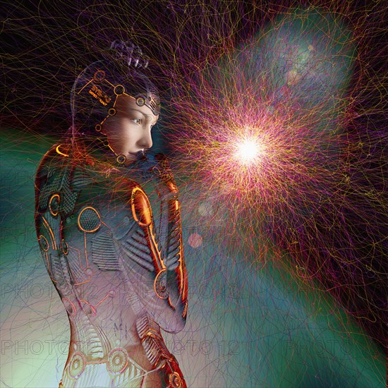 Futuristic robot woman in cyberspace