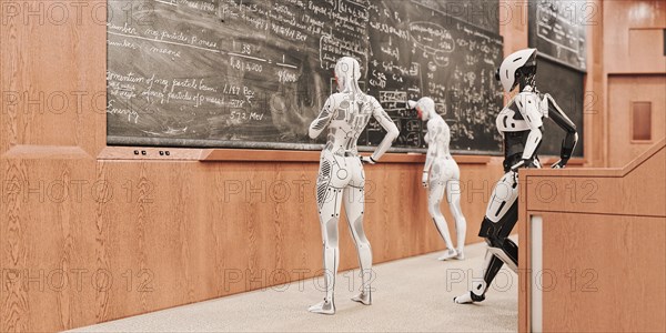 Robot women solving equations on blackboard