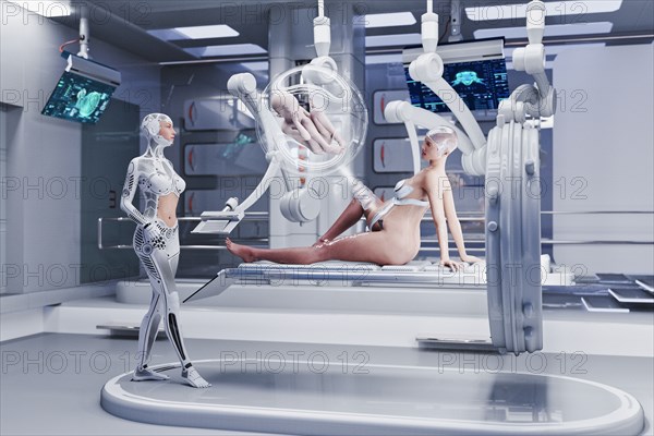 Futuristic nurses examining expectant mother