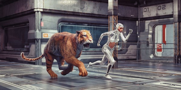 Futuristic woman robot racing tiger