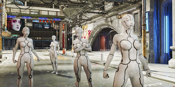 Women robots in futuristic city