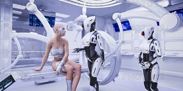Bandage on cheek of android in futuristic hospital