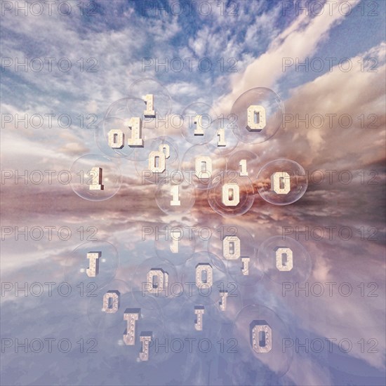 Reflection of binary code floating in sky