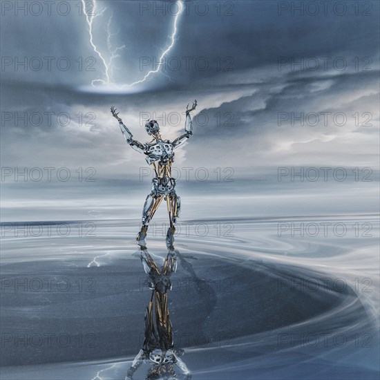 Reflection of robot looking up at lightning