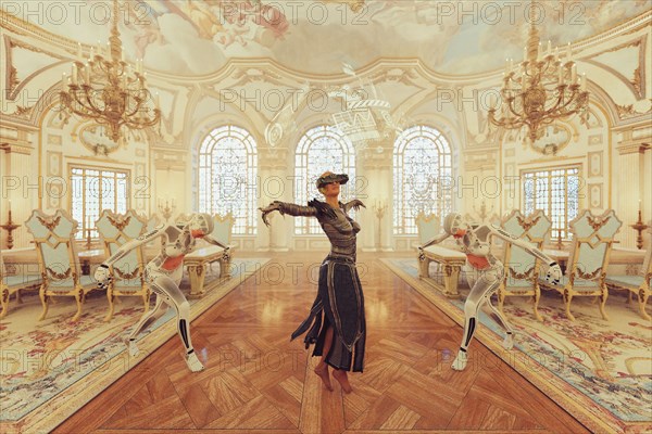 Woman wearing virtual reality goggles dancing in ballroom