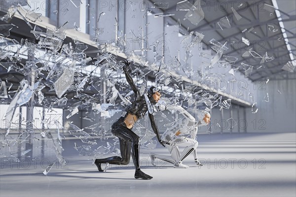 Shards of glass surrounding futuristic woman and android