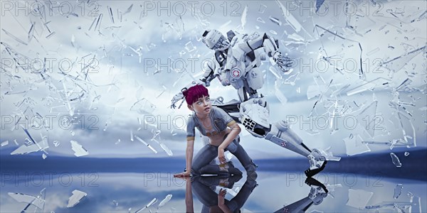 Robot protecting woman from falling shards of glass