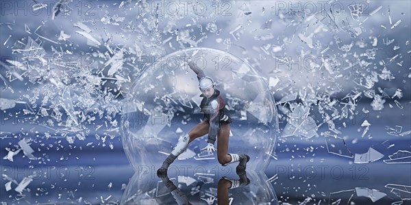 Futuristic woman in sphere protected from falling shards of glass
