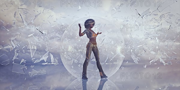 Woman standing in sphere protected from falling shards of glass