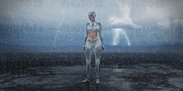 Futuristic woman standing in rain storm