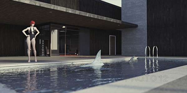 Woman watching shark in swimming pool