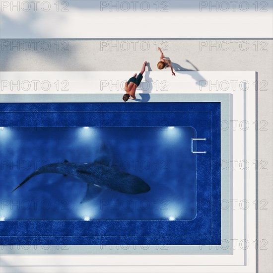 Couple watching shark in swimming pool