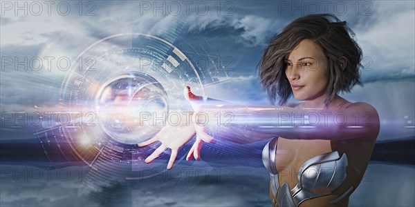 Futuristic woman watching hovering hologram sphere