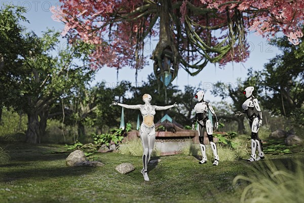 Robots watching android woman enjoying garden